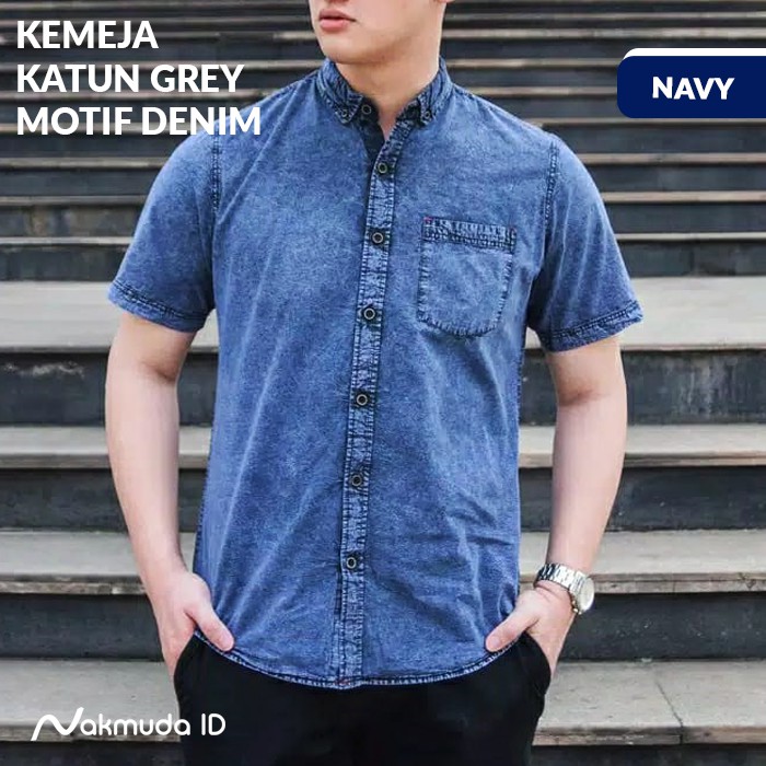 Kemeja Pria Lengan Pendek Hem Motif Jeans Denim Levis Baju Distro Casual Murah