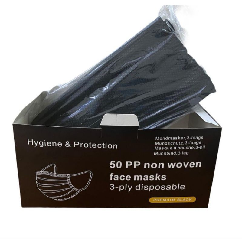 Masker Hitam isi 50pcs | Masker Earloop 3PLY Hitam | Masker Cantol Hitam per Box Isi 50
