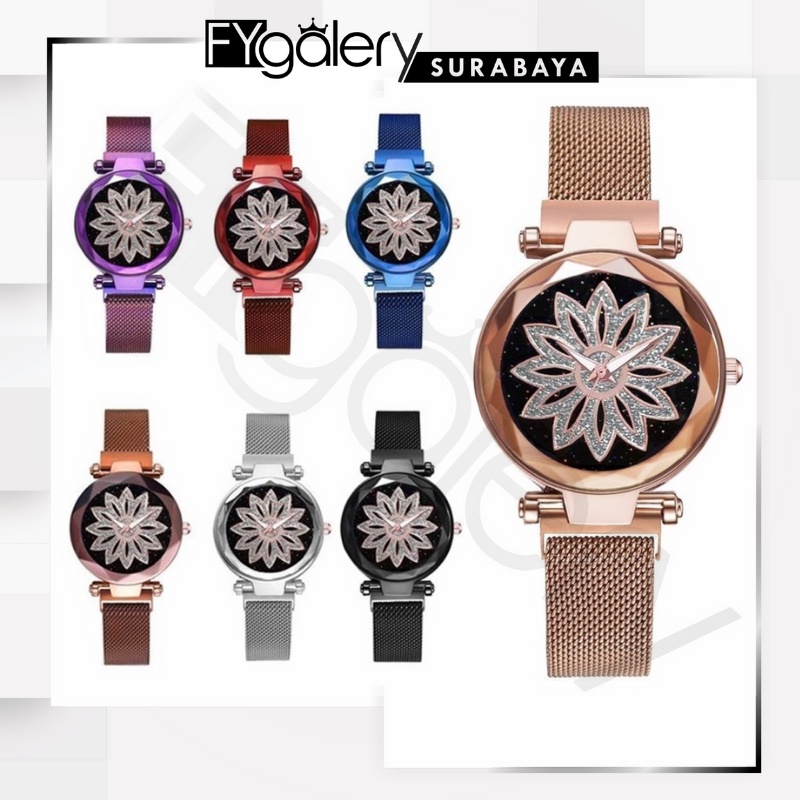 FYGALERYSURABAYA J158 Jam Tangan Perempuan Motif Bunga Glitter Rantai Magnet Woman Flower Watch Fashion