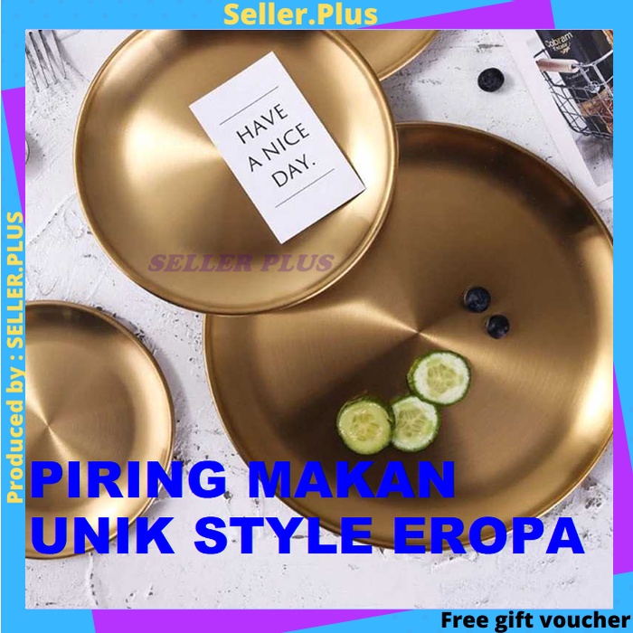 SP Piring Makan Dekorasi Estetik Nampan Baki Stainless Bulat Euopean Gold Stenlis Steel Aesthetic
