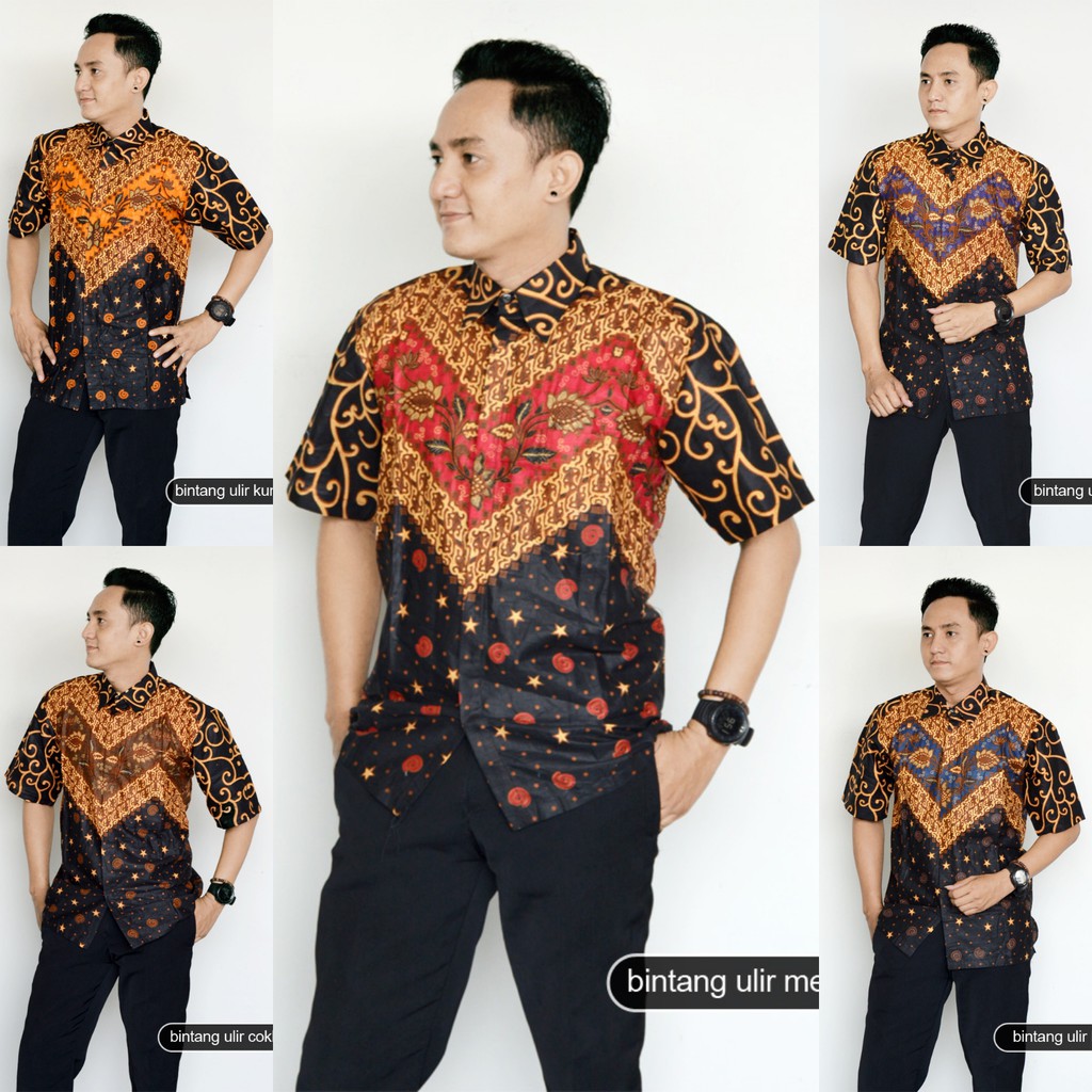 Trolistore kemeja  batik  pria  motif bintang ulir lengan 