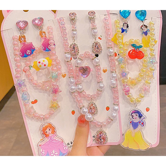 Anak-anak Kalung Set LED+Gelang Mutiara Import Karakter Frozen/Mermaid/Unicorn (Bisa Nyala ada LED)