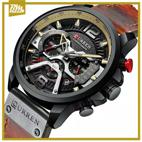 COD • BM STORE • Jam Tangan Pria Curren Tali Kulit Asli Analog Original Chrono Aktif Water Resistant