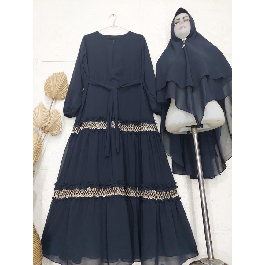 Gamis Ceruty Renda 2undak Terbaru Set Khimar | Gamis Syari Busui Ceruty Babydoll