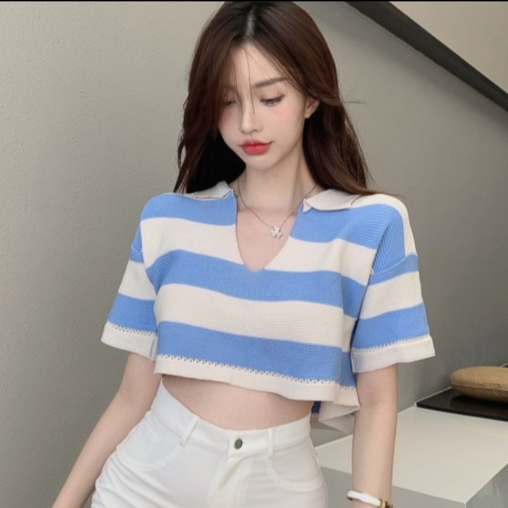 Korean Stripped Short Sleeve Collar Kemeja Crop Top 2072/sweater fuji/atasan fuji