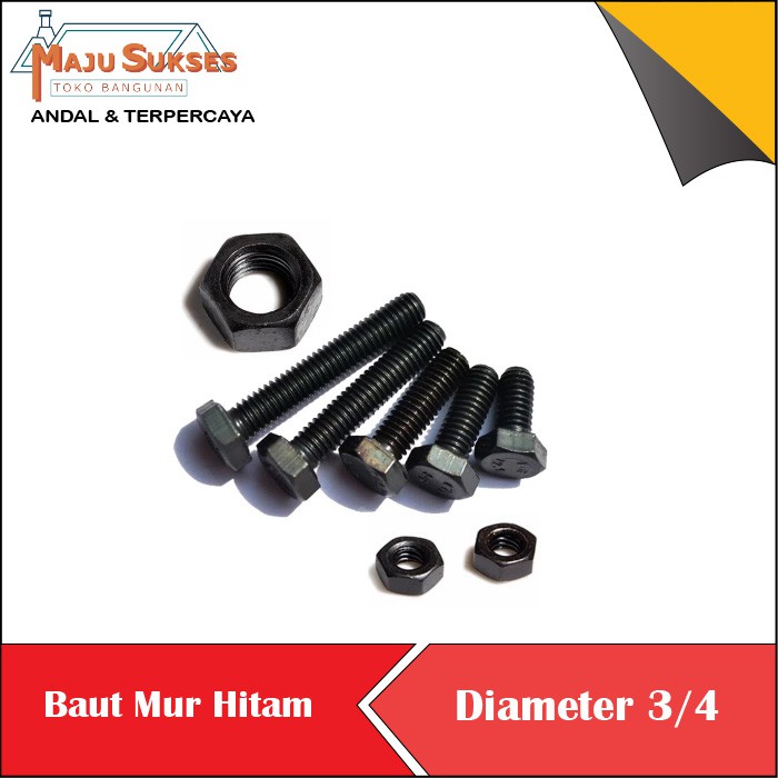 Baut hitam baja diameter 3/4 panjang 3 drat kasar plus mur