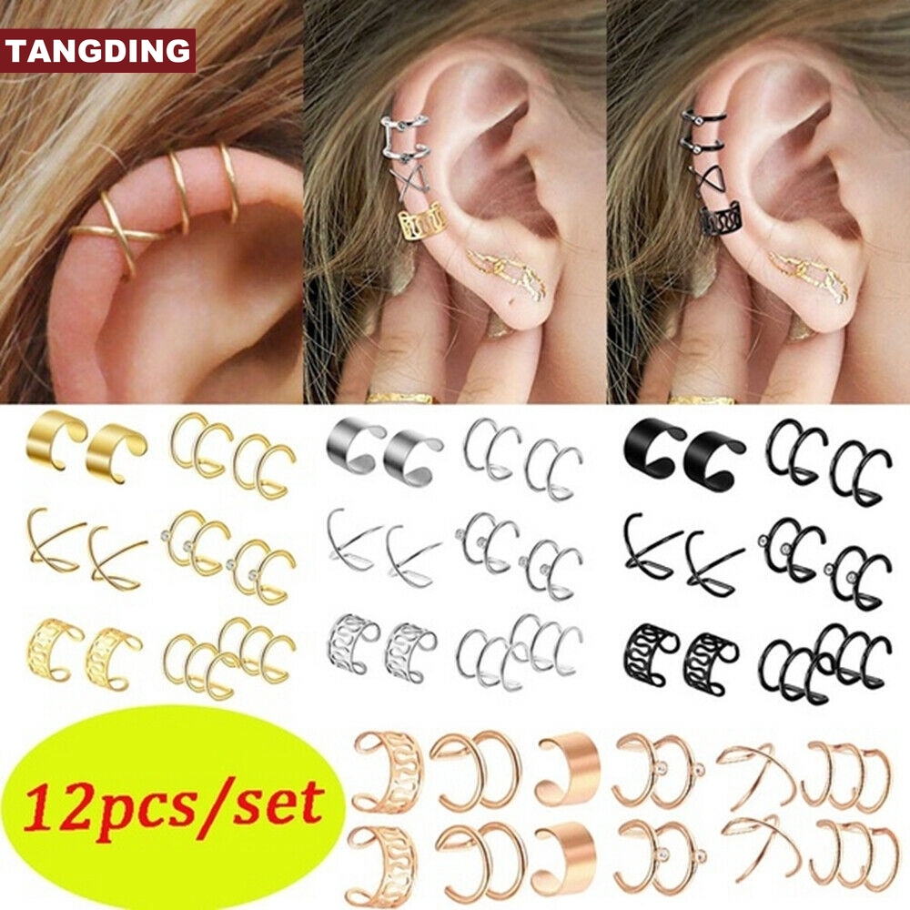 【COD Tangding】Fashion Metal No Piercing Jewelry Set Ear Clip Tragus Cuff Wrap Earrings Cartilage Hoop Women