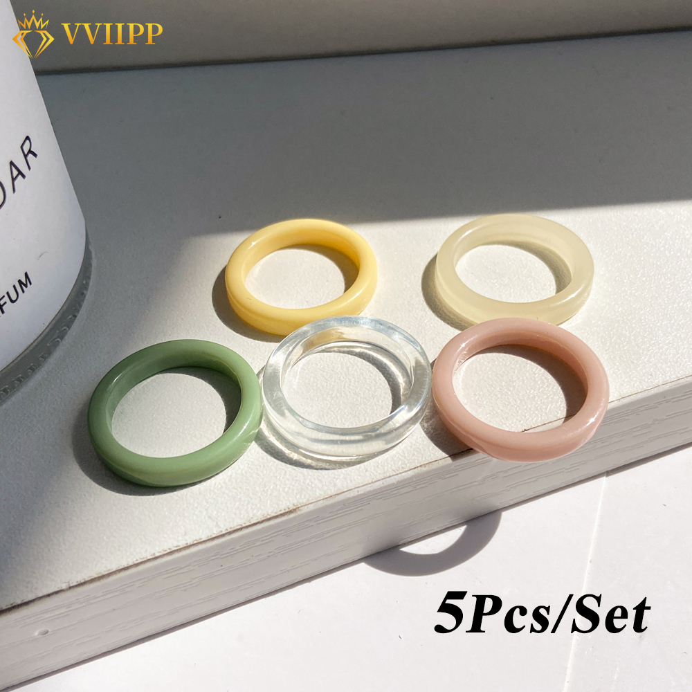 5pcs / Set Cincin Transparan Warna Permen Gaya Korea Untuk Aksesoris Perhiasan