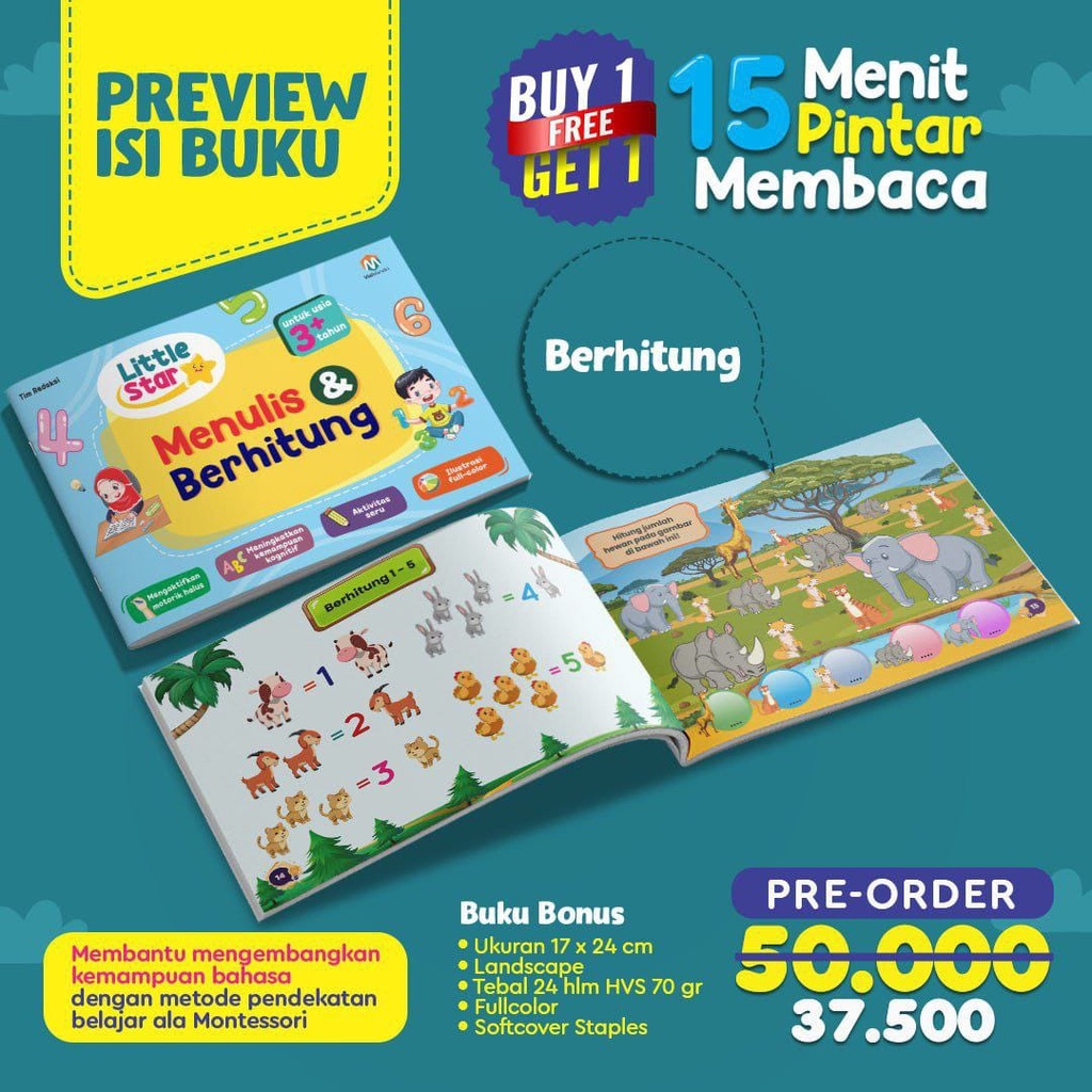 Buku Little Star 15 Menit  Pintar Membaca + Bonus Buku Menulis dan Berhitung