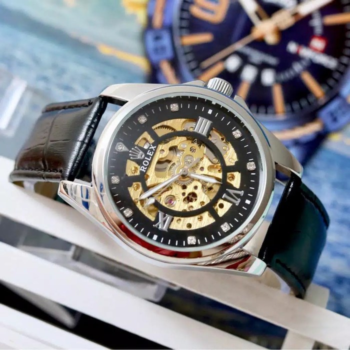 JAM TANGAN PRIA ROLEX KULIT AUTOMATIC ROMAWI TANPA BATERAI