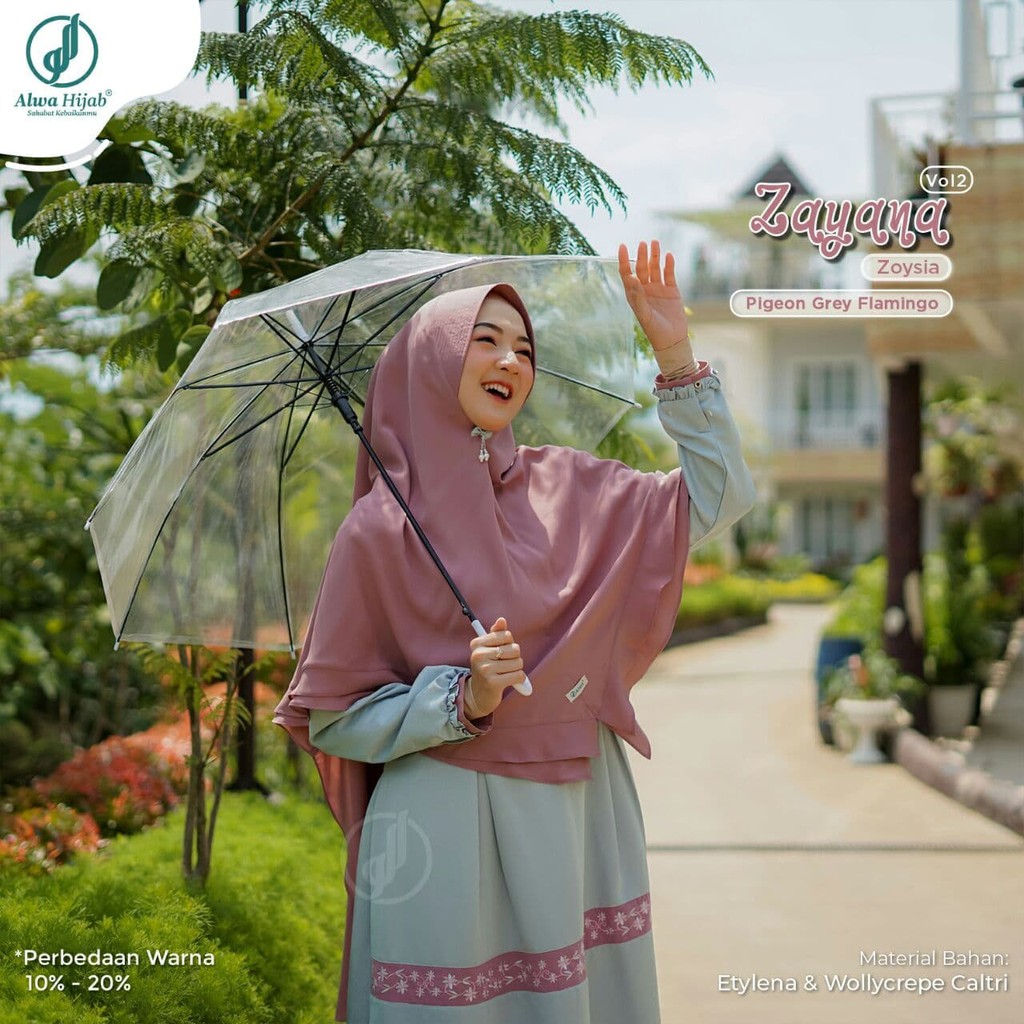 Baju Gamis Terbaru Zayana Alwa Hijab Ori -Gamis ZAYANA Pegion Grey Flamingo-COD-Gamis Dewasa Terkini