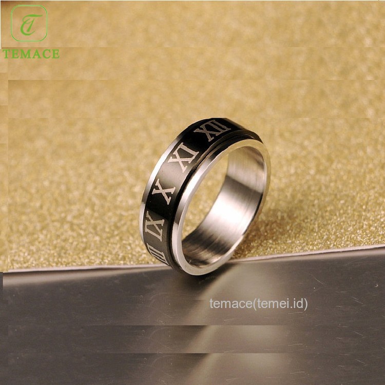 TEMACE Cincin Tauhid Angka Romawi Balik Cincin Lapis Rotatable Baja Perhiasan Laki-Laki Hitam 8MM