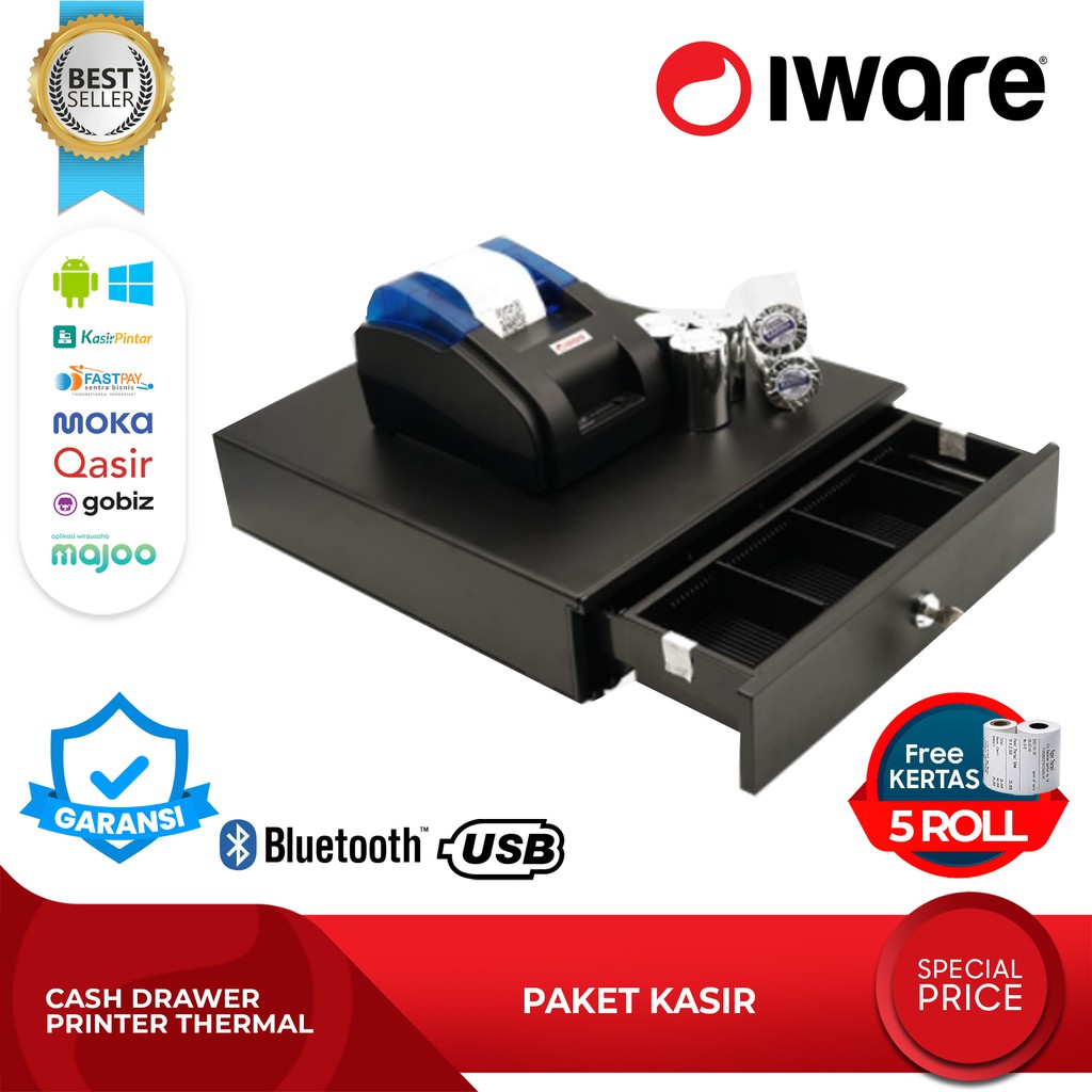 Paket Alat Kasir, Printer Kasir Thermal Bluetooth , Cash Drawer Free 5 Roll