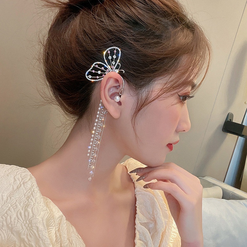 Anting Kait Gantung Desain Kupu-Kupu Hias Kristal / Mutiara Untuk Wanita