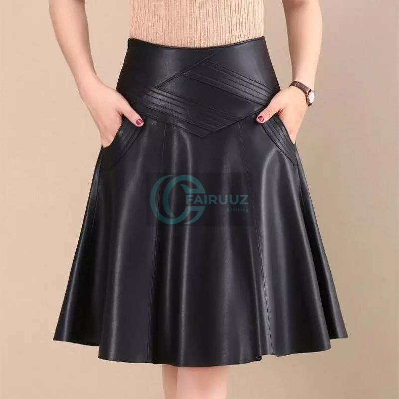 Rok Wanita Midi Selutut Kantor Model Rok Wanita Korea A-Line Elegan Panjang Selutut Bahan Kulit Semi