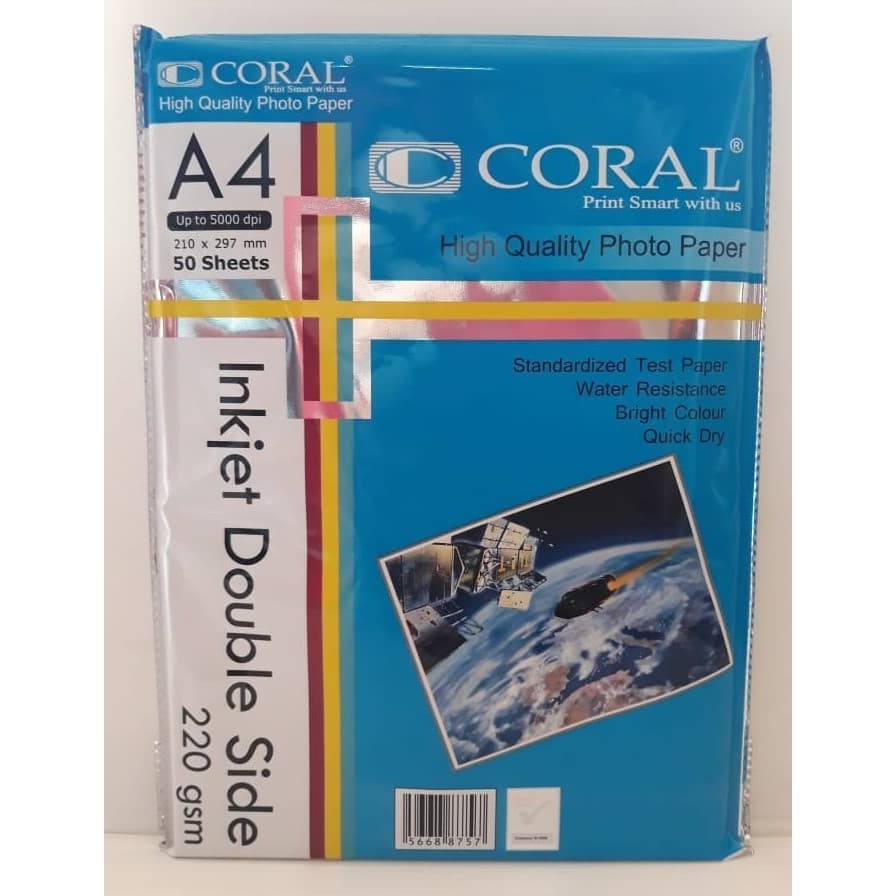 

Coral Double Side Inkjet Paper A4-220 Gr (Pack=50 Sheet)