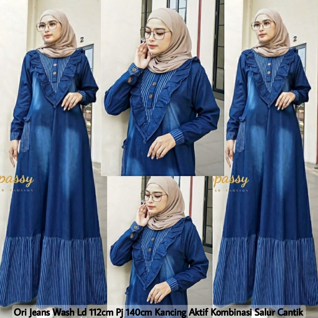 Baju Gamis Jeans Denim Wanita Terbaru 2024 Busui Kekinian Terlaris Kombinasi Salur Lornia Maxy