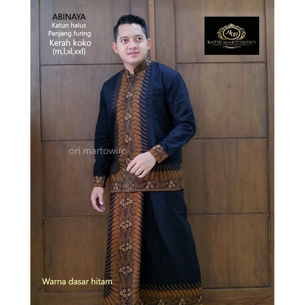 ABINAYA HITAM SARKO Baju Kemeja  KOKO dan Sarung Batik Pria Dewasa Premium Lebaran Solo Martowiro