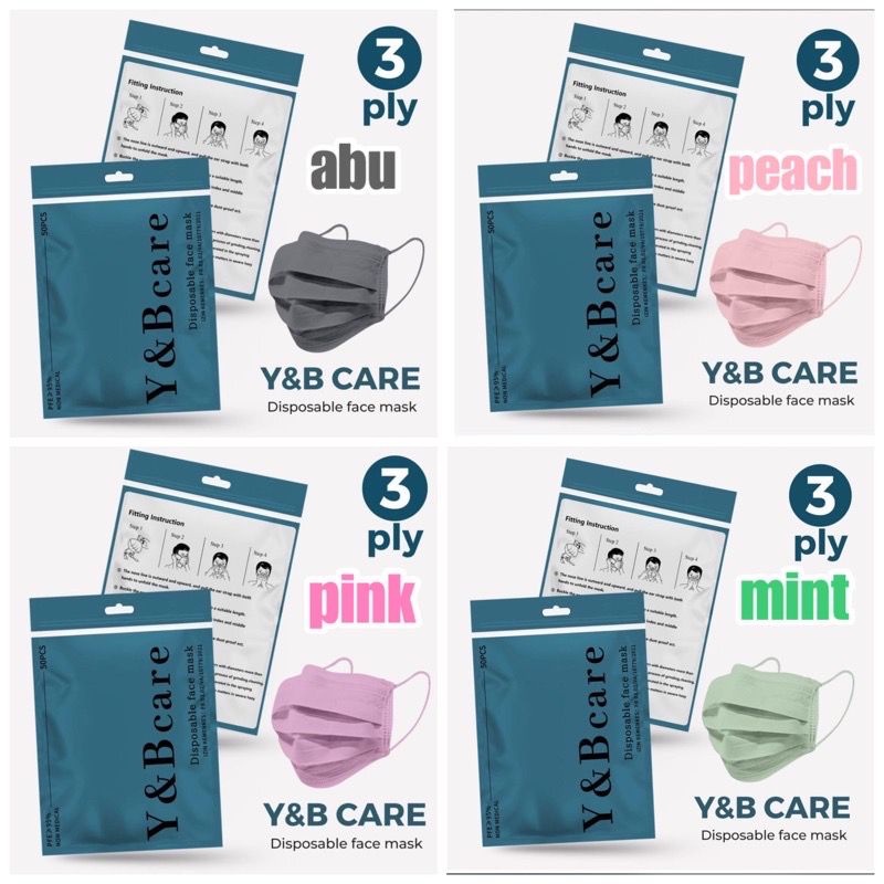 MASKER EARLOOP 3PLY WARNA Y&amp;B CARE 1PACK 50PCS MURAH