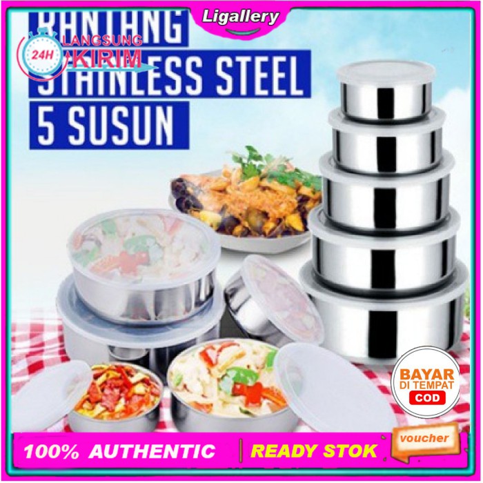 [BISA COD] Rantang Makanan stainless steel 5 Susun Tempat Penyimpanan Makanan Tutup Plastik