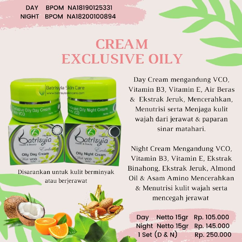 Paket Cream Exclusive Oily Day &amp; Night Batrisyia, 1 Set Cream Siang dan Malam Eksklusif