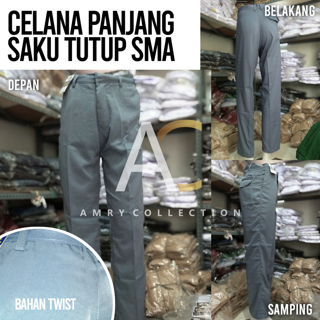 Celana panjang abu-abu SMA Saku tutup/sopan bahan Twist Kain licin Seragam sekolah