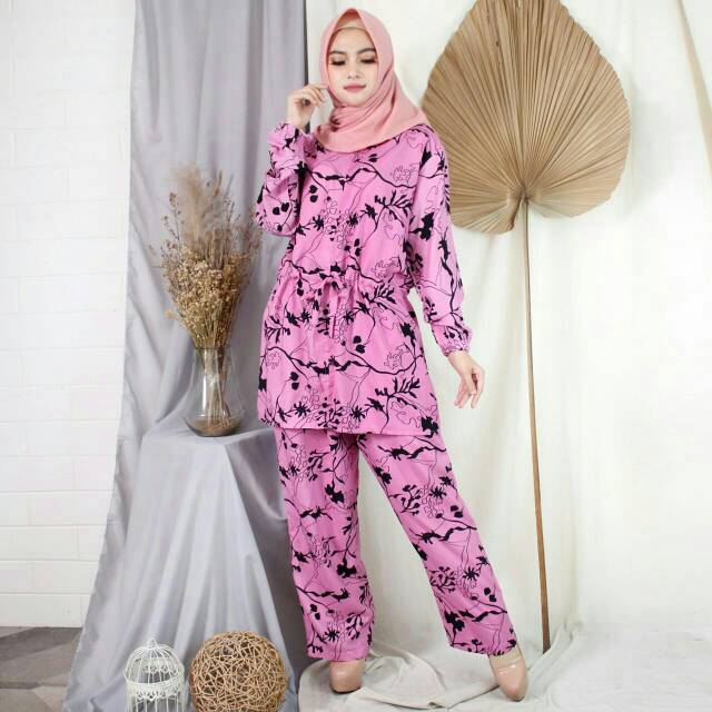 baju setelan celana dan tunik motif cantik/setcel Busui/setcel jumbo/bahan rayon  impor
