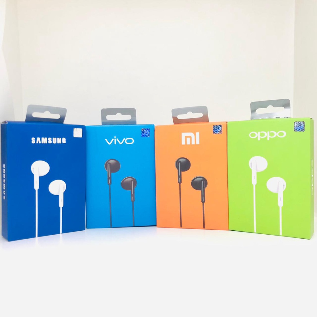 EARPHONE OPPO DAN VIVO HF BRAND BUDS CLASSIC R3 + PACKING warna black &amp; white