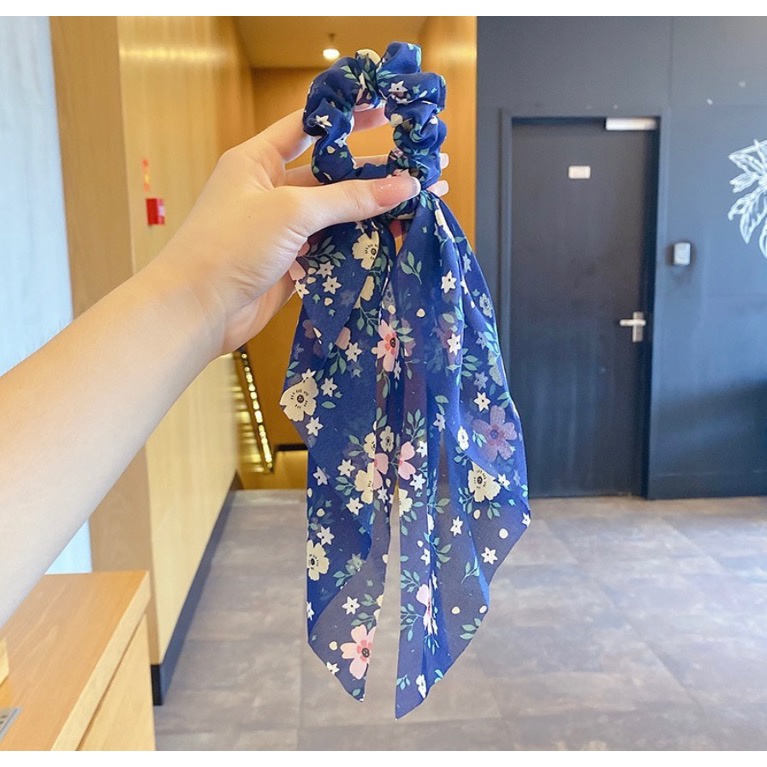 Ikat Rambut Karet Scrunchie Panjang untuk Wanita Korea Motif Bunga Bahan Halus Dalika