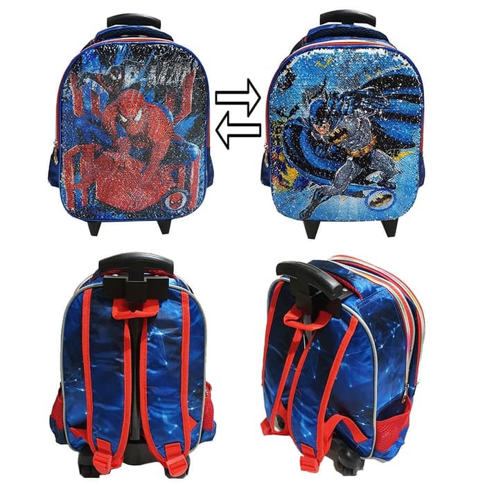 Tas Dorong Anak TK Trolley USAP Sequin Spiderman V Batman IMPORT