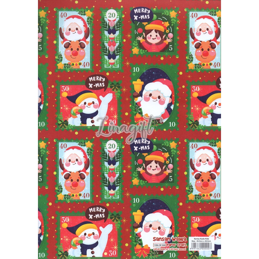 ( 5 Lembar ) XMAS SANWA - KERTAS KADO NATAL / CHRISTMAS / KADO / GIFT WRAP PAPER SANSAN WAWA SANTA / SNOWMAN / POHON NATAL / RED / GREEN / GOLD