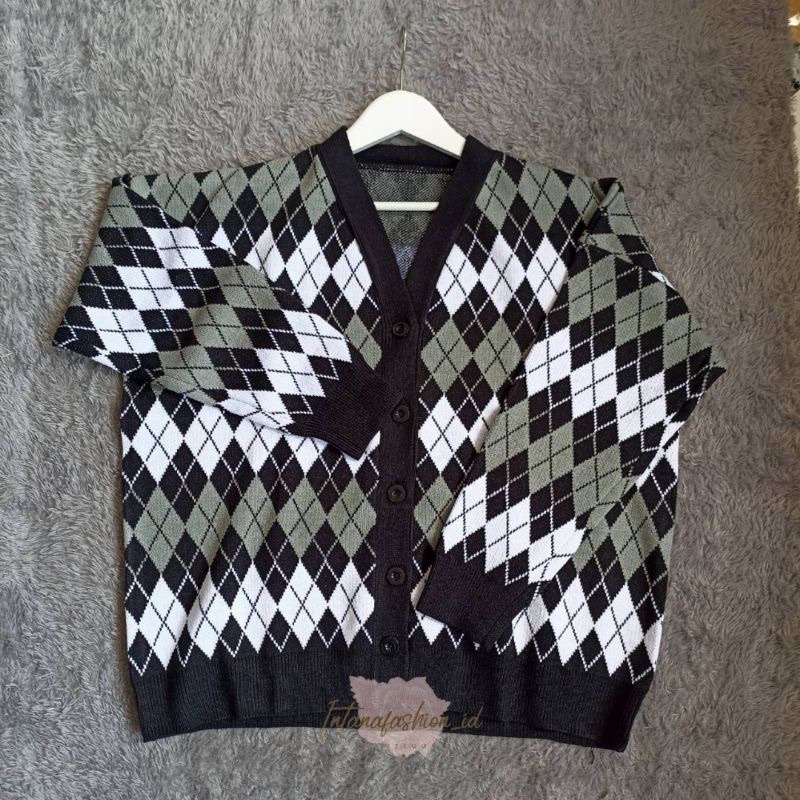 SWEATER PREMIUM ARGYLE CARDIGAN WANITA