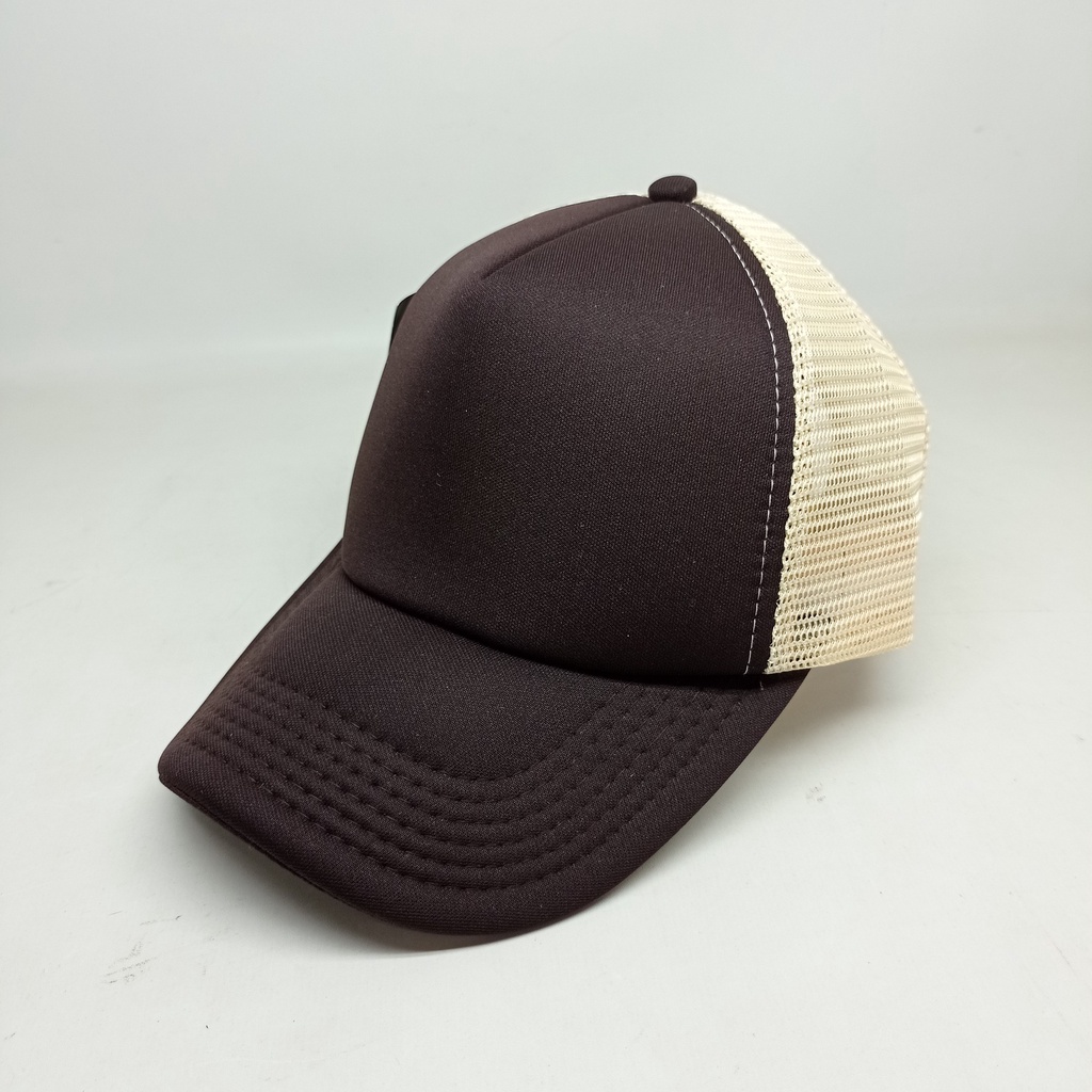 Topi Jaring Trucker Coklat-Coklat-Krem Polos Premium