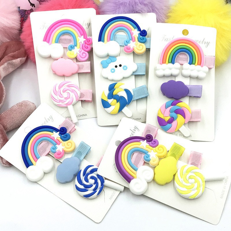 JOS394 Jepitan Rambut 1 Set Isi 3pcs Hair Clip Rainbow Lollipop / Aksesoris Rambut Pelangi Anak