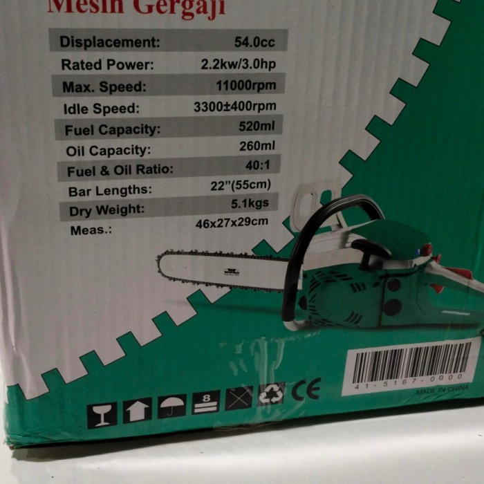 Gasoline Chain Saw 22" Gas Oil Mesin Gergaji Kayu Wipro WP-5167