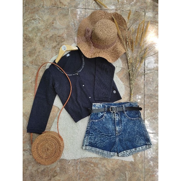 preloved blazer crop rajut knit navy wanita