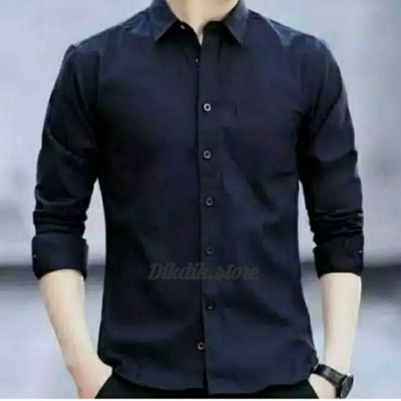 Kemeja polos pria lengan panjang kemeja cowok navy lengan panjang bahan katun kemeja