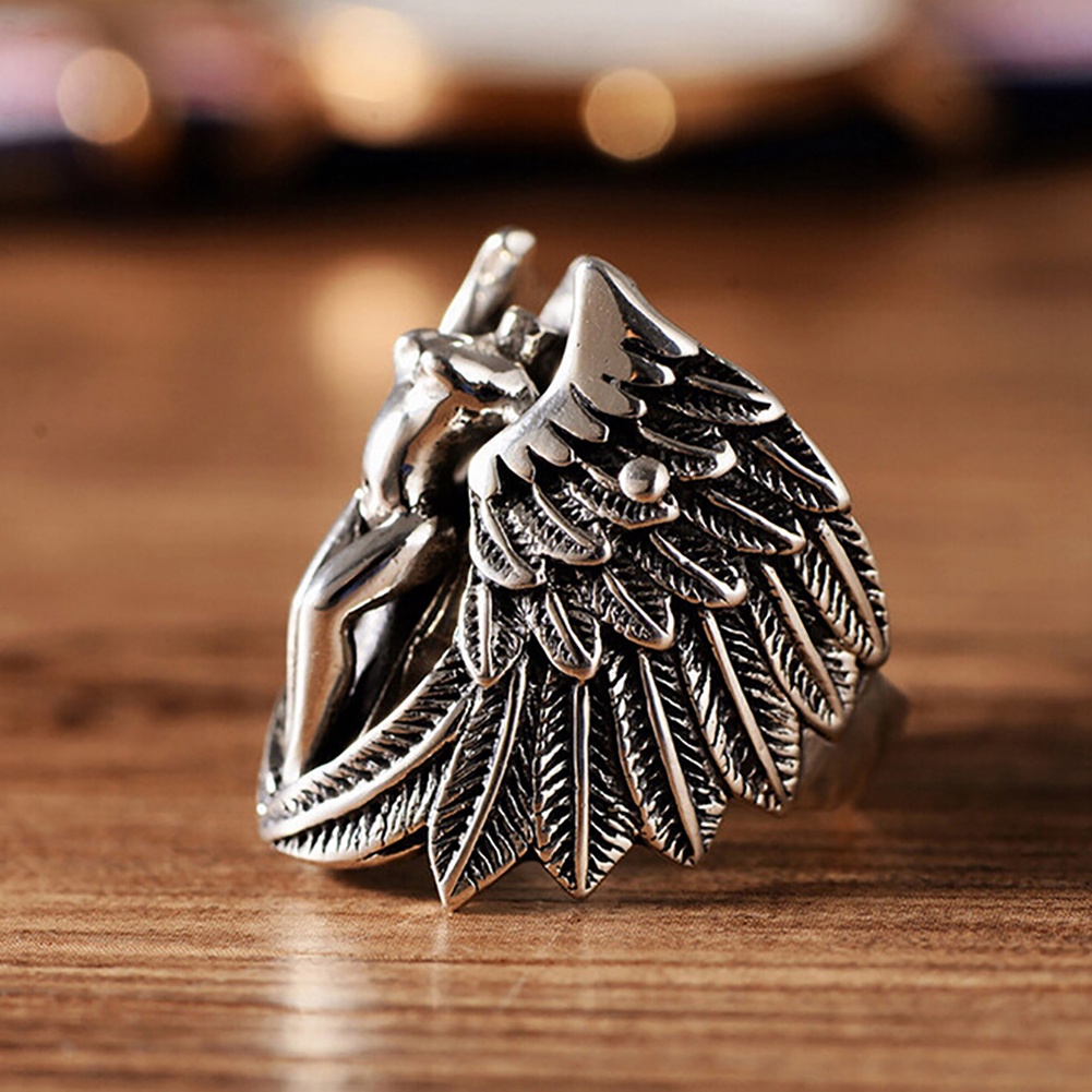 Hu Hu Hu Hu Hu Alat Bantu Pasang Kacamata♡ Cincin Desain Ukiran Sayap Malaikat Gaya Gothic Untuk Pria