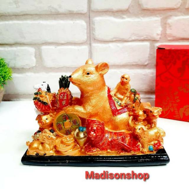 Patung Tikus Emas 12 Shio Kado Imlek Pajangan Hoki Resin Premium