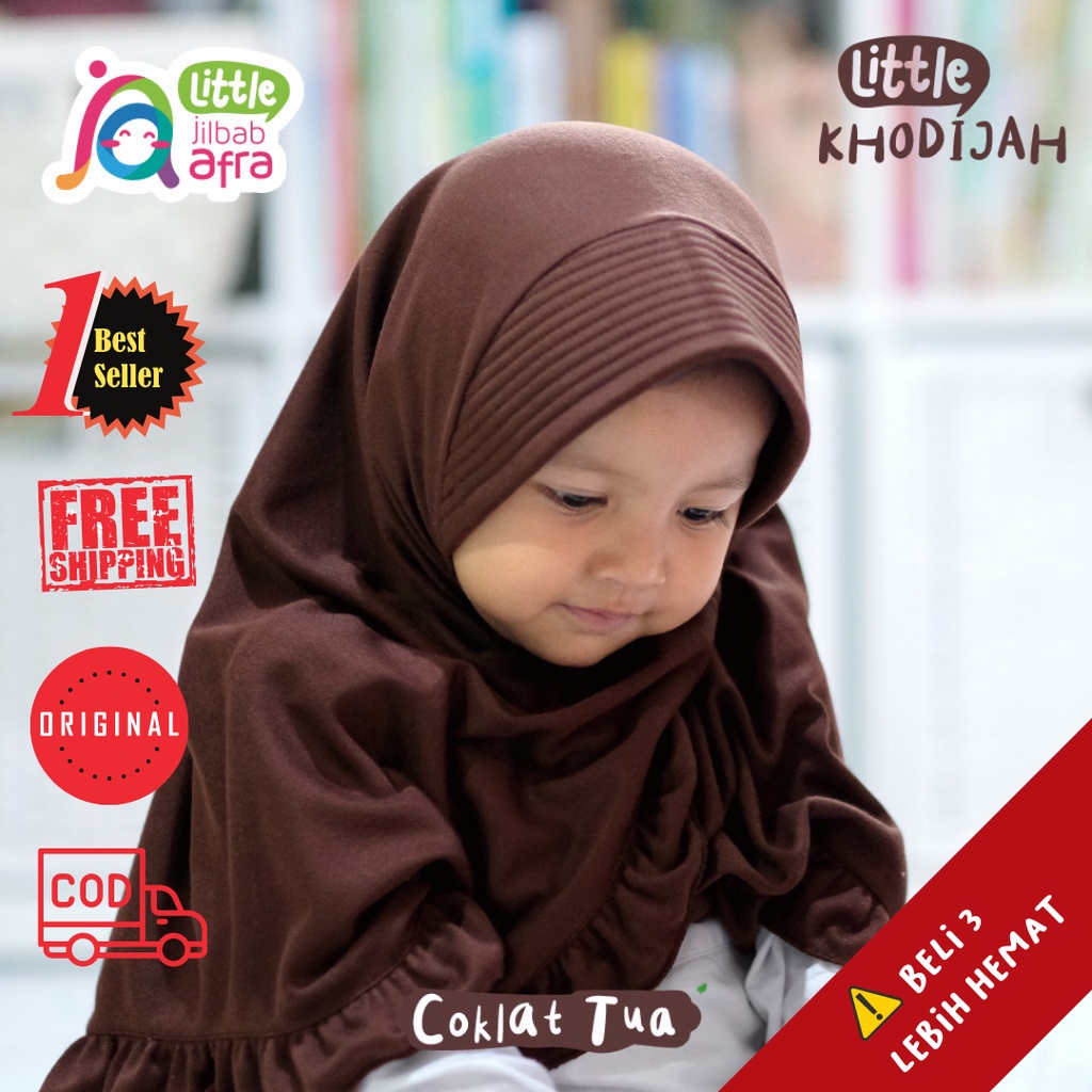 Jilbab Anak Little Khodijah Coklat Tua - Jilbab Arfa - Bergo renda anak Lucu Bahan Kaos