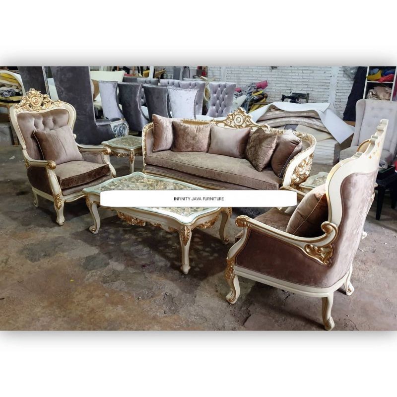 Set Sofa tamu Mewah Royal luxury(Dipan, almari, kursi ukir, meja rias, bufet tv, nakas, tolet)