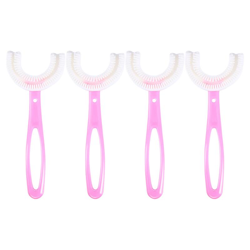 4pcs Sikat Gigi Anak Bentuk U Bahan Silikon / Training Toothbrush / Tooth Brush Baby Silicon type U Sikat Gigi Anak Sikat-4pcs Pink(6-12 Tahu)