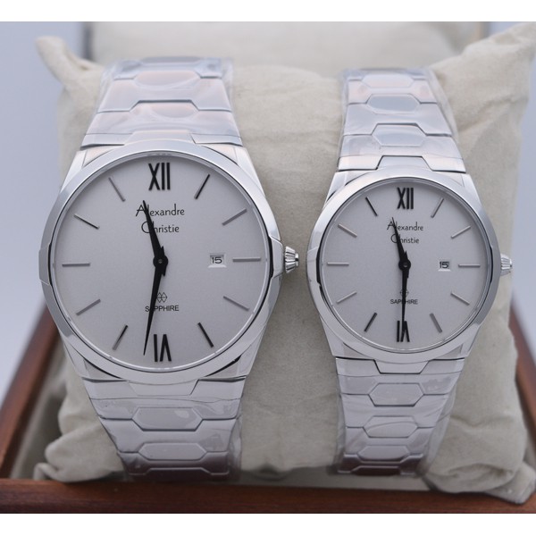 Jam Tangan Couple Alexandre Christie Ac 8542 Silver White Original Kaca Saphire