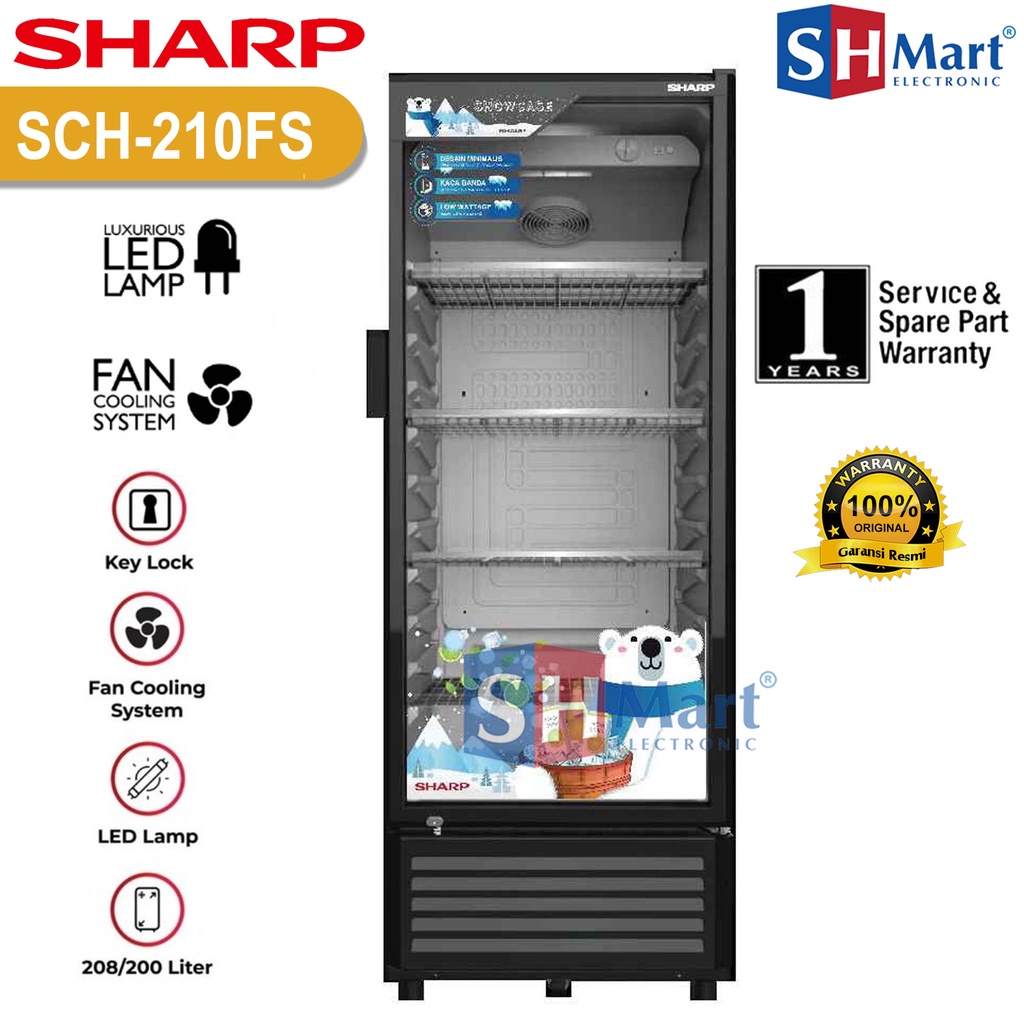 SHOWCASE SHARP 3 RAK KAPASITAS 210 LITER SCH-210FS GARANSI RESMI