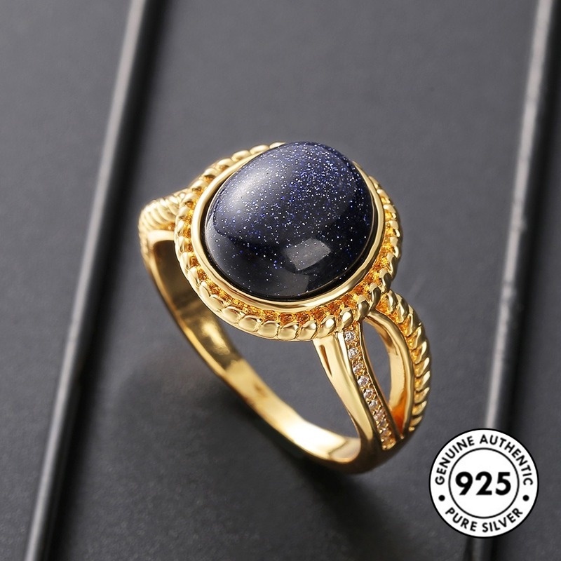 Cincin Lapis Emas Sterling Silver 925 Dengan Batu Starlight Biru Untuk Wanita