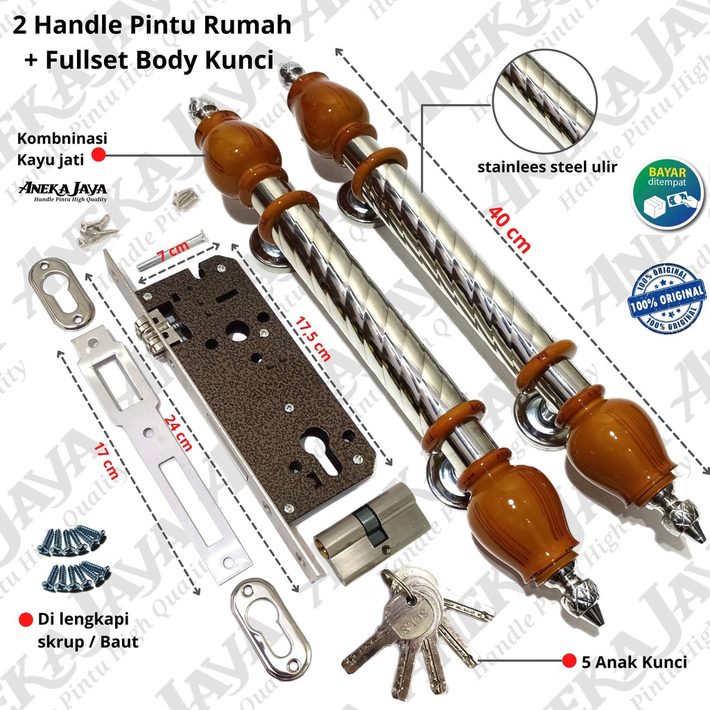 Satu Set kunci 2 Handle pintu rumah 40 cm / Gagang pintu rumah / pegangan pintu set stainlees kayu