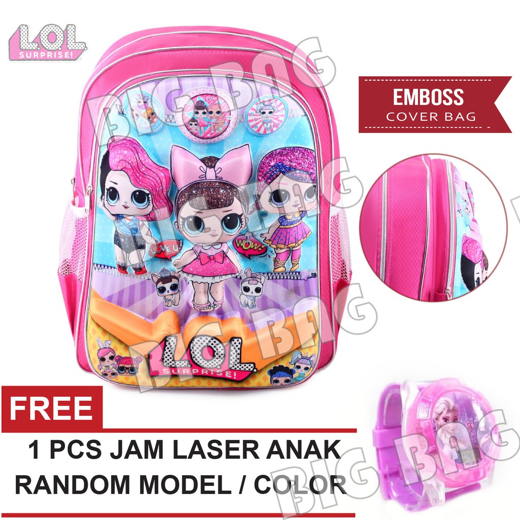 Tas Ransel BIG EMBOSS- LOL SURPRISE - THREE LITTLE GLAM.RTM + FREE Jam Tangan Laser Anak