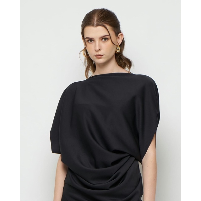 Blus Wanita Draperi Hitam - Atasan Scuba Crepe - Baju Kantor