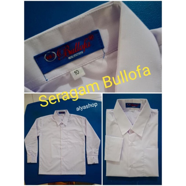 Baju Seragam Sekolah Putih Polos Lengan Panjang SD, SMP &amp; SMA merk BULLOFA