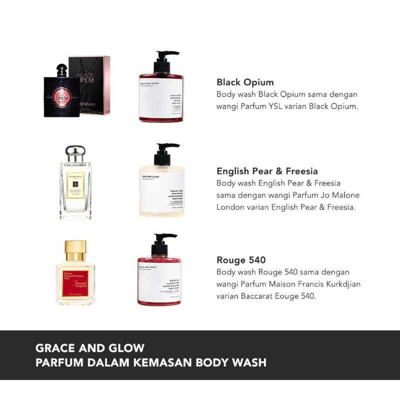 BPOM - Grace &amp; Glow Black Opium Brightening - English Pear &amp; Freesia - Rouge 540 Anti Acne Solution Brightening Body Wash Body Scrub Sabun Badan Original Grace and Glow